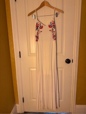 Xhilaration Cream Maxi Dress with Red & Blue Floral Embroidery